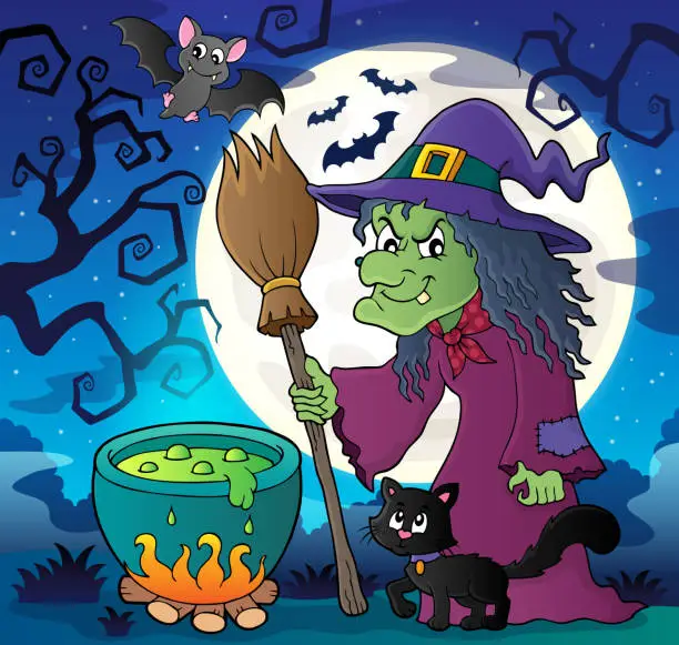 Vector illustration of Witch with cat and broom theme image 2