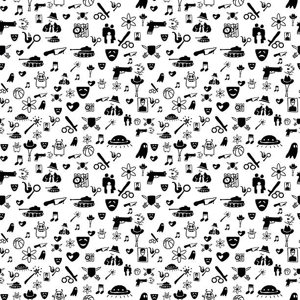 bnw movie genre pattern Vector hand drawn cartoon seamless pattern with cinema genres. Movie genres theme: action, romance, fantasy, sci-fi, comedy, drama. Black and white pattern for paper, textile, game, web design seamless wallpaper video stock illustrations