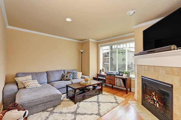 istock Small yet cozy family room with fireplace and grey sofa 593313624