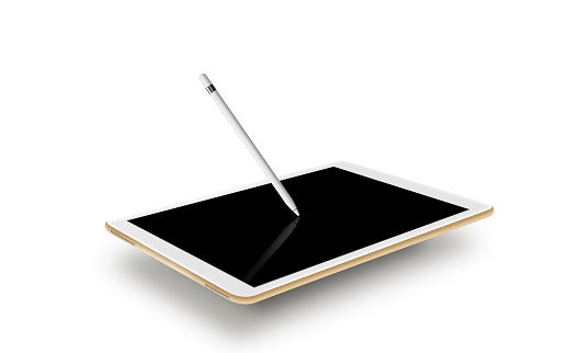 Maqueta de tableta de oro estilo realista con lápiz óptico. Aislado en whit photo