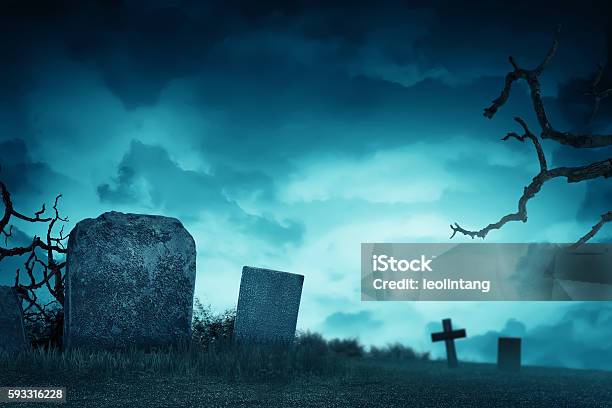 Creepy Atmosphere In The Cemetery With Tombstone Stock Photo - Download Image Now - Cemetery, Tombstone, Horror