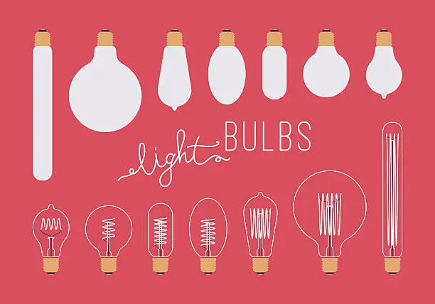 Vector illustration of Set of retro light bulbs aganst crimson background