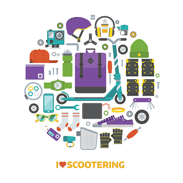 Push Scooter Lifestyle Set Push scooter riding equipment. Skootering lifestyle collection. Kick scooter gear set. Scooterer essentials and clothes. Extreme urban activities elements. City sports and activity vector icons. kneepad stock illustrations