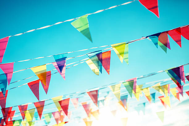 istock Bunting Flags on the blue sky background 593317368