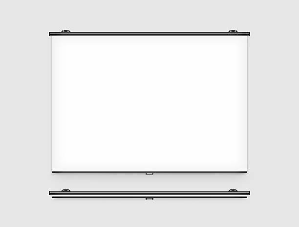 Blank projector screen mockup on the wall Blank projector screen mockup on the wall. Projector display mock up. Projection presentation clear monitor on wall. Slide show front design. Slideshow billboard banner frame. Projection background. projection screen stock pictures, royalty-free photos & images