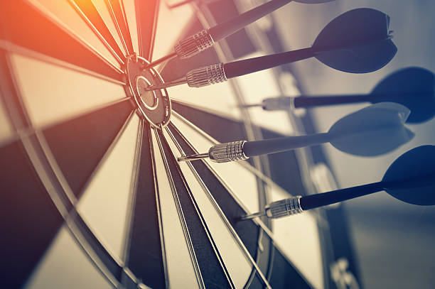 istock Red dart arrow hitting in the target 593318856