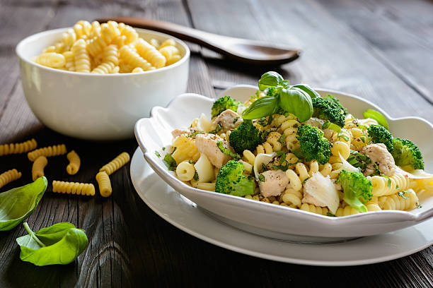 istock Pasta salad with chicken meat, broccoli, cheese and basil 593319190