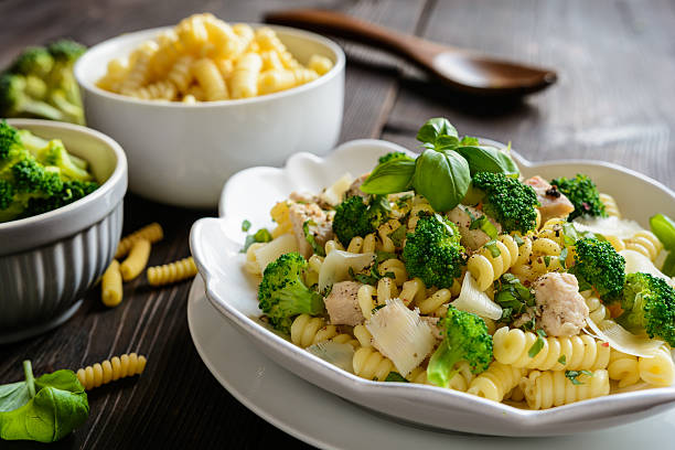 istock Pasta salad with chicken meat, broccoli, cheese and basil 593319334