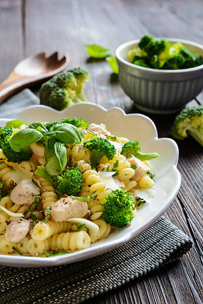 istock Pasta salad with chicken meat, broccoli, cheese and basil 593319590