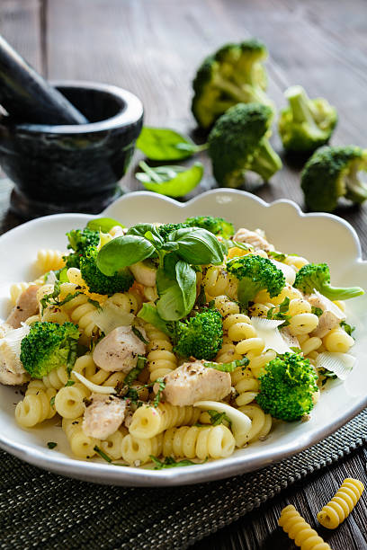 istock Pasta salad with chicken meat, broccoli, cheese and basil 593319754