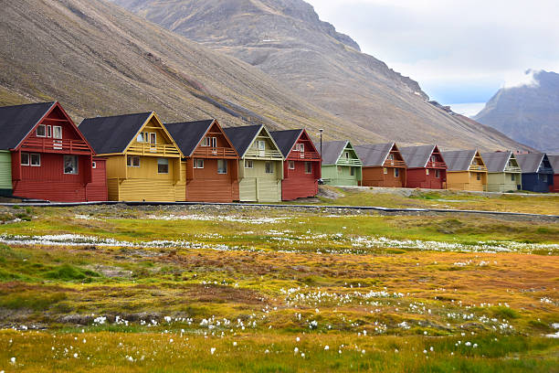 Colorful row houses in the remote arctic town of Longyearbyen, on Spitsbergen Island in Svalbard, Norway.