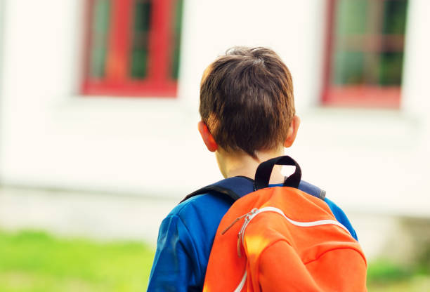 istock Boy with rucksack infront of a school building 593324116