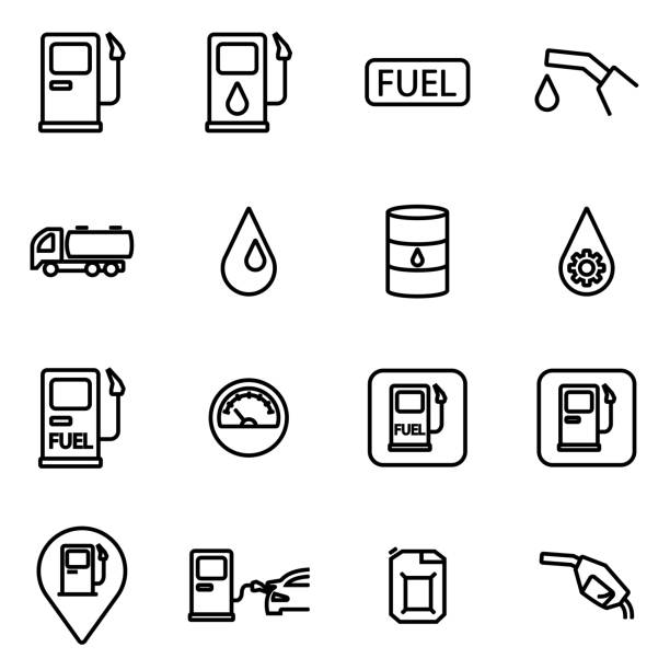 ilustrações, clipart, desenhos animados e ícones de vetor linha de gasolina conjunto de ícones - bomba petrolífera