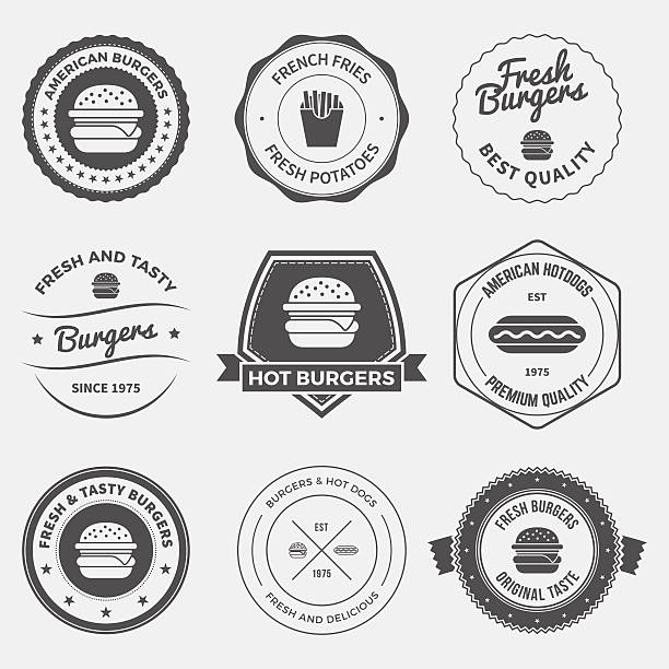ilustraciones, imágenes clip art, dibujos animados e iconos de stock de conjunto de etiquetas de restaurantes de comida rápida, insignias y elementos de diseño - hamburger refreshment hot dog bun