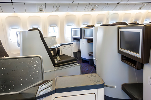 Freshly renovated business class in an airplane