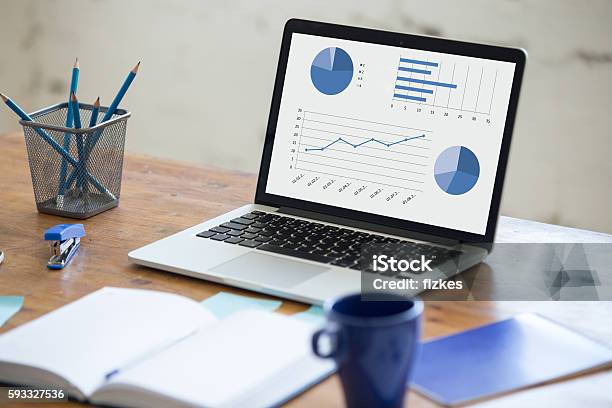 Office Workspace Closeup Of Desk Stock Photo - Download Image Now - Laptop, Desk, Desktop PC