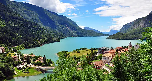 Amazing view of Molveno blue lake in Trentino Alto Adidge province, northern Italy
