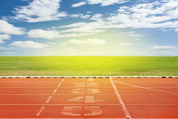 istock Start and Finish point of race track ,Running track 593328092