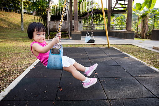 Asian little Chinese girl playing swing at the park outdoor.Asian little Chinese girl playing swing at the park outdoor.