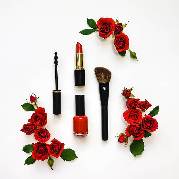 istock Decorative flat lay composition with cosmetics and flowers. Flat lay 593328614