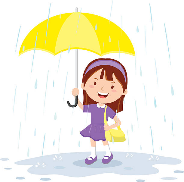illustrations, cliparts, dessins animés et icônes de petite fille tenant un parapluie sous la pluie - saison des pluies