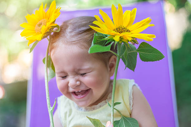 baby girl smiling and playing with sunflowers - babies and children close up horizontal looking at camera imagens e fotografias de stock