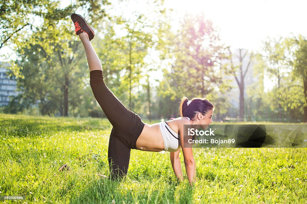 Healthy young sportswoman doing the exercises outdoors. Healthy young sportswoman doing the exercises on all fours arching back straightening leg up outdoors. Concept sport, fitness, lifestyle. Activity Stock Photo