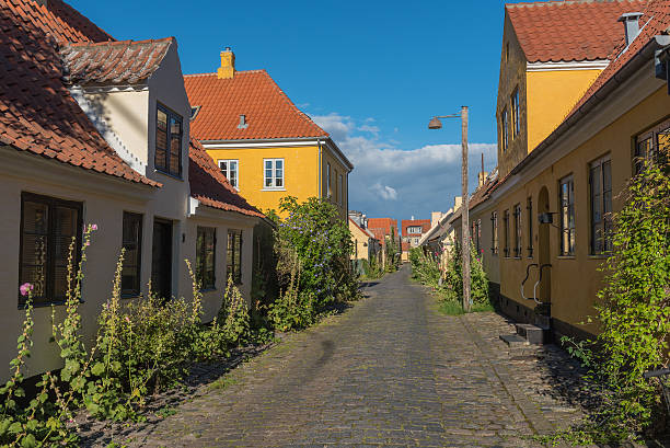 Yellow houses in the old town of Dragor stock photo