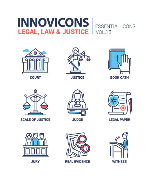 recht und gerechtigkeit - flache design-icons-set - law weight scale legal system gavel stock-grafiken, -clipart, -cartoons und -symbole