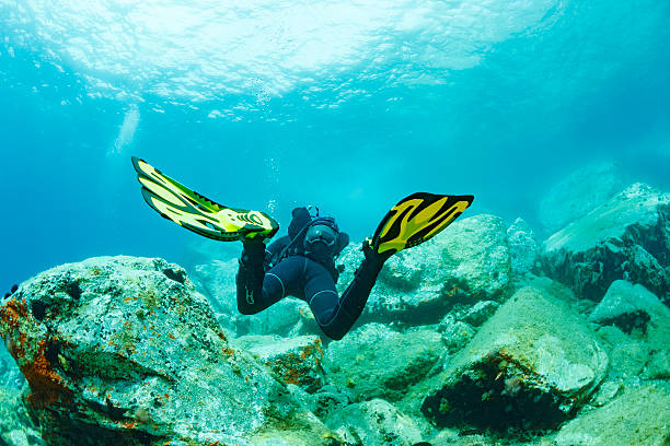 Scuba diving. Beautiful sea. Underwater scene with male scuba diver, enjoy  in blue, shallow water. Scuba diver point of view.