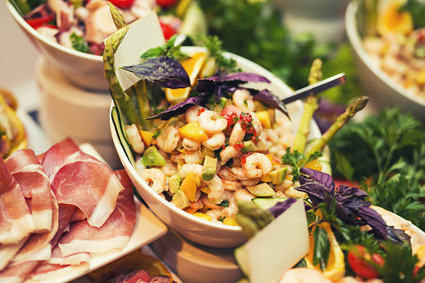 istock Luxury food on wedding table in hotel or restaurant 593335092