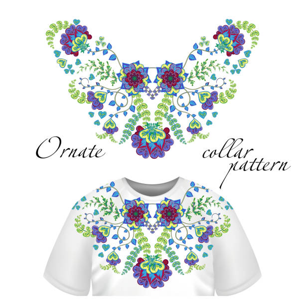 Vector design for collar shirts, shirts, blouses. Colorful ethnic flowers neck. Paisley decorative border. Ornate collar pattern. Greem purple blue.