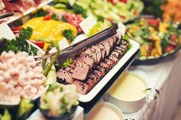 istock Luxury food on wedding table in hotel or restaurant 593335670