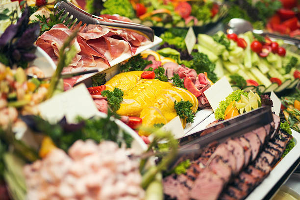 istock Luxury food on wedding table in hotel or restaurant 593336194