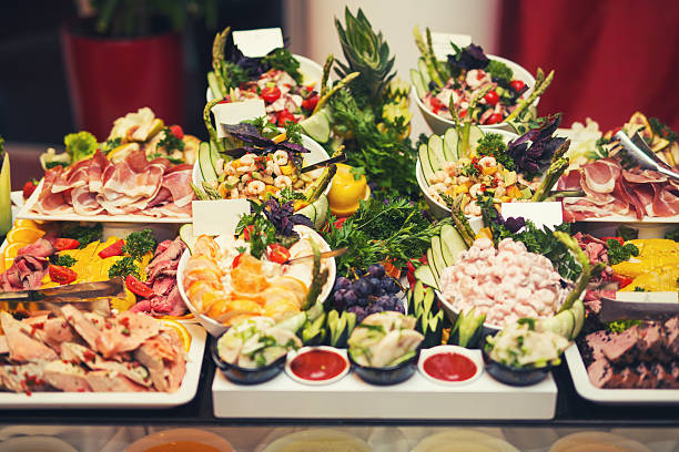 istock Luxury food on wedding table in hotel or restaurant 593336466
