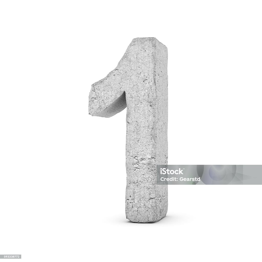 Concrete number 1 isolated on white background 3D rendering concrete number 1 isolated on white background. Figures and symbols. Cracked surface. Textured materials. Cement object. Number Stock Photo