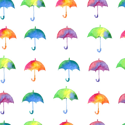 Seamless pattern with fresh bright watercolor umbrellas. Autumn fashion illustration.