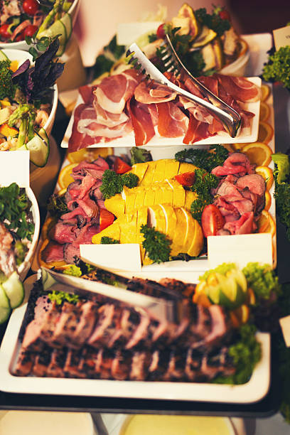 istock Luxury food on wedding table in hotel or restaurant 593338856