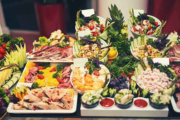 istock Luxury food on wedding table in hotel or restaurant 593339212
