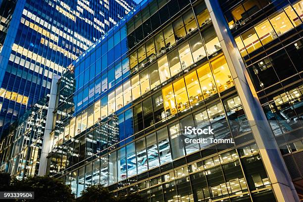 Illuminated Office Buildings At Canary Wharf London At Night Stock Photo - Download Image Now