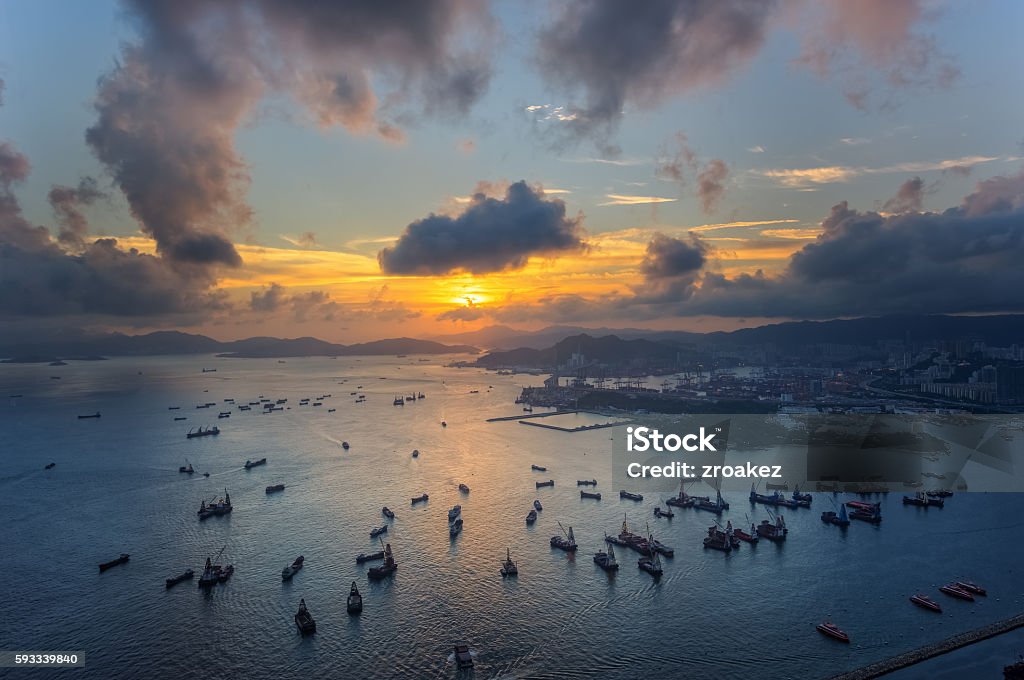 Sunset harbour in Hongkong Sunset from harbour in Hongkong at top view Offshore Platform Stock Photo