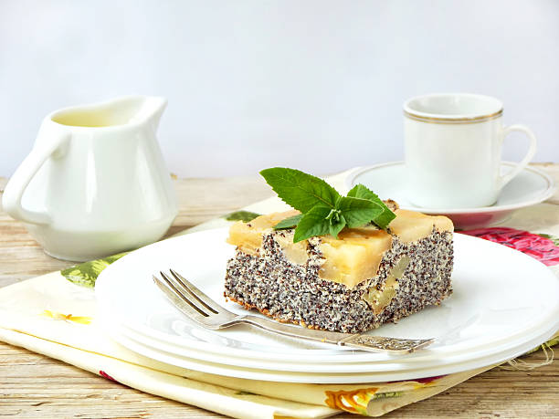 cottage cheese and poppy cheesecake with apples. cake on light background. selective focus