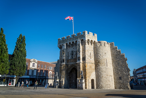 Southampton, Hampshire, England, UK - August 15, 2016: Bargate, one of the most historic city landmarks, is a Grade I listed medieval gatehouse. 