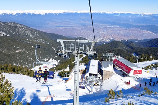 Bansko, Bulgaria - January 30, 2016: Ski resort chair lifts in Bansko, Bulgaria.