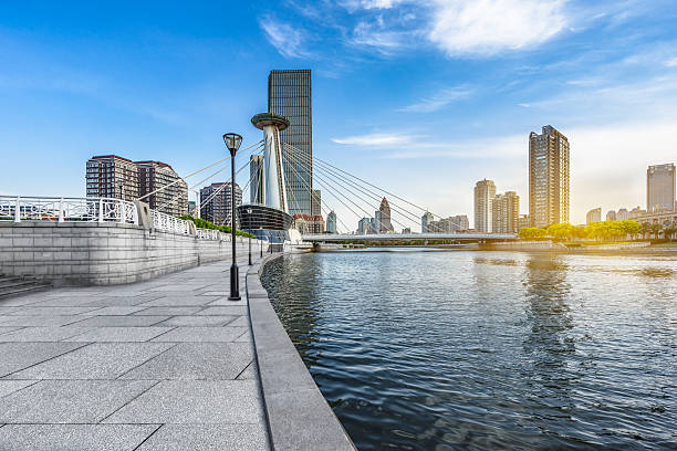 istock empty floor and city skyline under blue sky 594011528