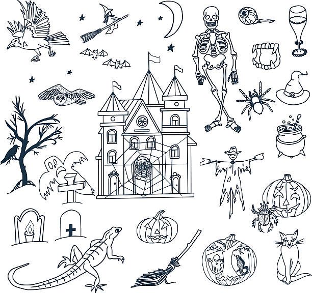 хэллоуин doodle установить - bat halloween human eye horror stock illustrations