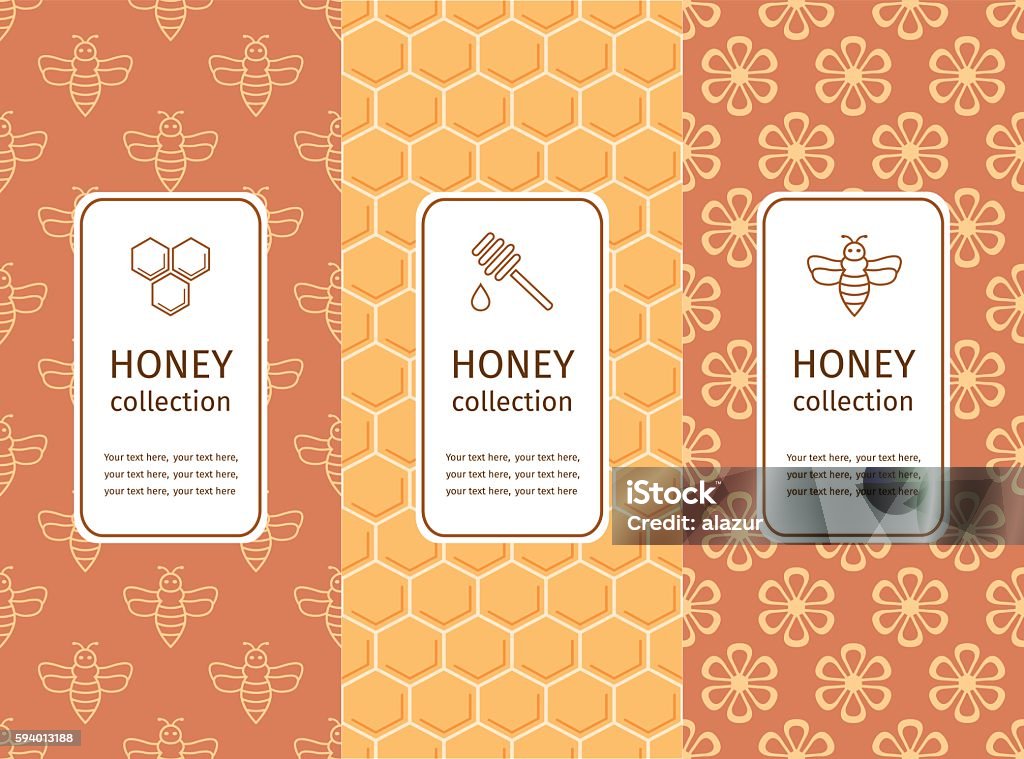 Honey label, logo, sticker design elements. Honey label, logo, sticker design elements. Vector packaging template with seamless patterns. Warm color palette of golden tints Honey stock vector