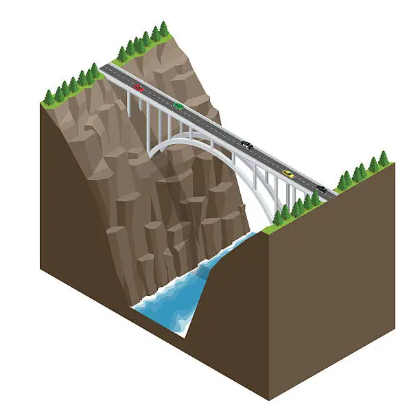 Vector illustration of Isometric Bridge over the river in the mountains