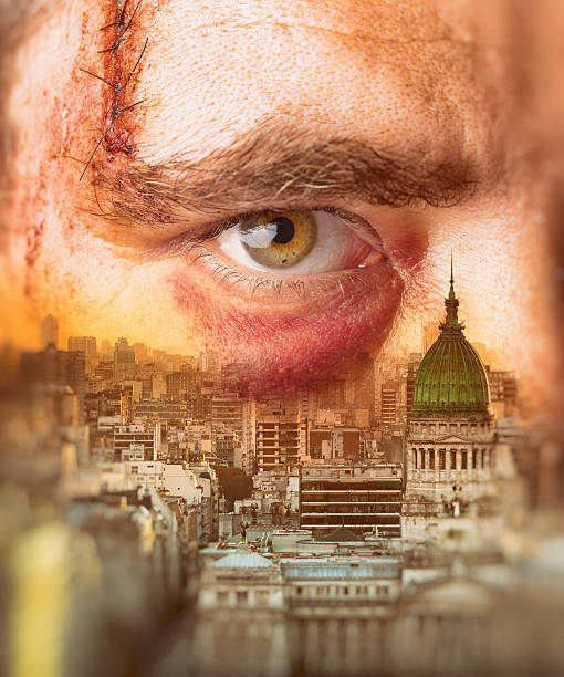 istock Man in city with big stitched wound after crime 594015146