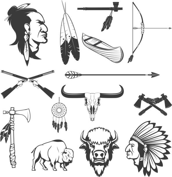 인도 아이콘. 아메리카 원주민.  미국 인디언 무기. - north american tribal culture arrow arrowhead bow and arrow stock illustrations